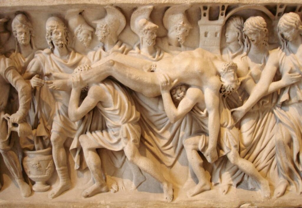Los troyanos llevan el cuerpo de Héctor a la ciudad. Sarcófago romano en el Louvre. Este fragmento ocurre en la Ilíada.