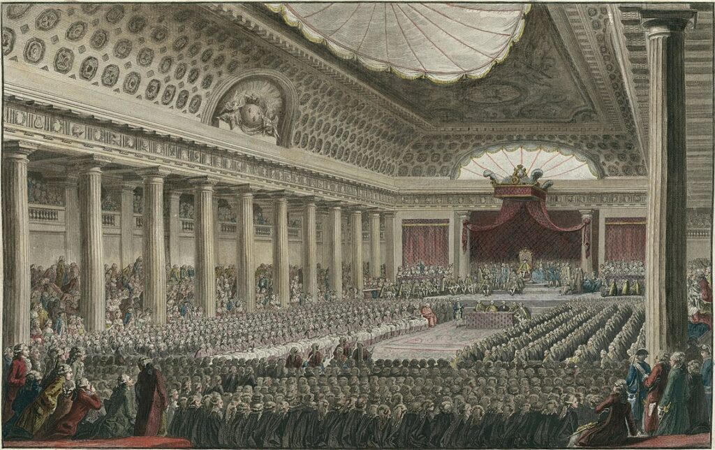Otra representación de la sesión de apertura de los Estados generales de 1789, el 5 de mayo, en Versalles, según Isidore-Stanislaus Helman (1743-1806) y Charles Monnet (1732-1808).