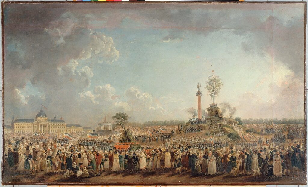 Obra de Pierre-Antoine Demachy, Fiesta del Ser Supremo en el Campo de Marte (20 año prairial II - 8 de junio de 1794), 1794, museo Carnavalet, París. Es la época del reinado del terror.