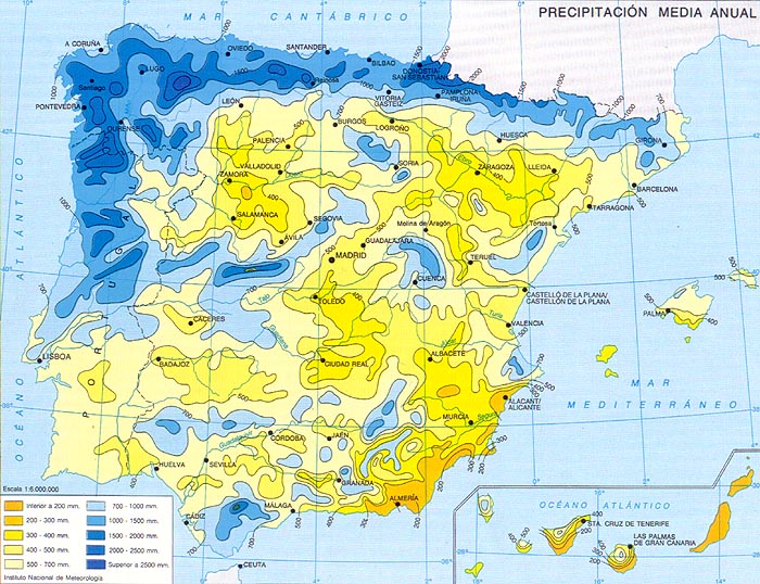 Mapa de recursos hídricos de la península ibérica. Recursos naturales de España
