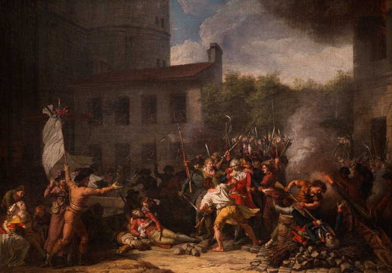 El marqués de Launay, gobernador de la Bastilla, capturado por los asaltantes, el 14 de julio de 1789. El marqués de Launay resiste a los soldados y luego abandona la fortaleza para limitar las pérdidas. La multitud lo asesina y le golpean la cabeza al final de una foto y lo llevan a pasear por París. La pintura apareció en el Salón en 1793. Esto supone el fin del Antiguo Régimen.