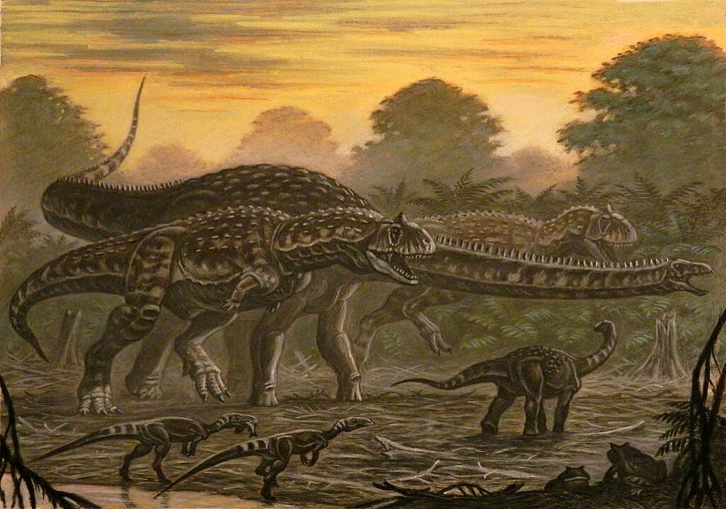 Restauración de dos Majungasaurus persiguiendo Rapetosaurus.