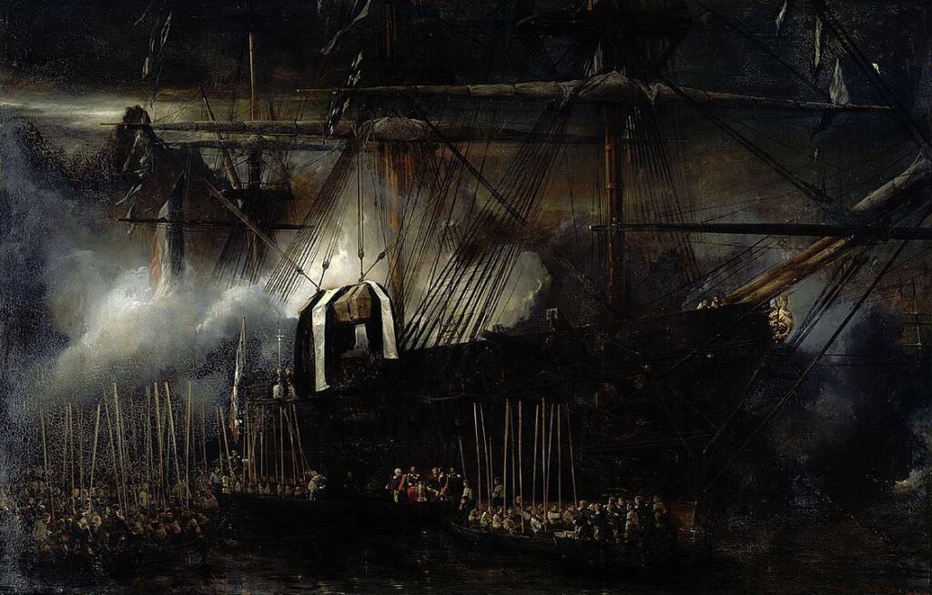 Repatriación de las cenizas de Napoleón a bordo de La Belle Poule, el 15 de octubre de 1840, Eugène Isabey, 1842, Óleo sobre lienzo (369 x 238 cm). Castillo de Versalles.