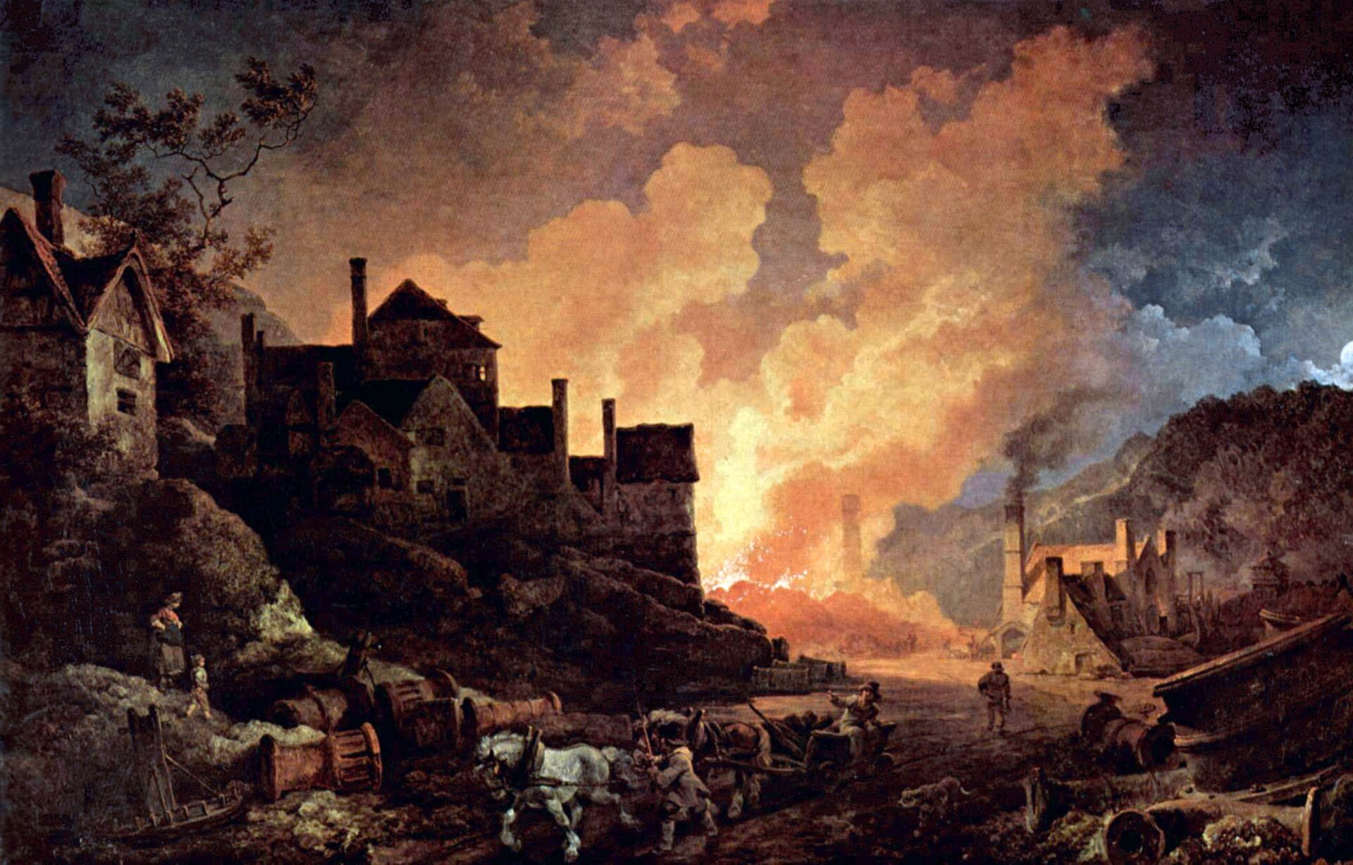 Coalbrookdale de noche, pintura al óleo del artista inglés de origen francés Philip James de Loutherbourg (nacido en 1740 y fallecido en 1812). Coalbrookdale (condado de Shropshire, Inglaterra) es considerado una de las cunas de la Revolución Industrial.