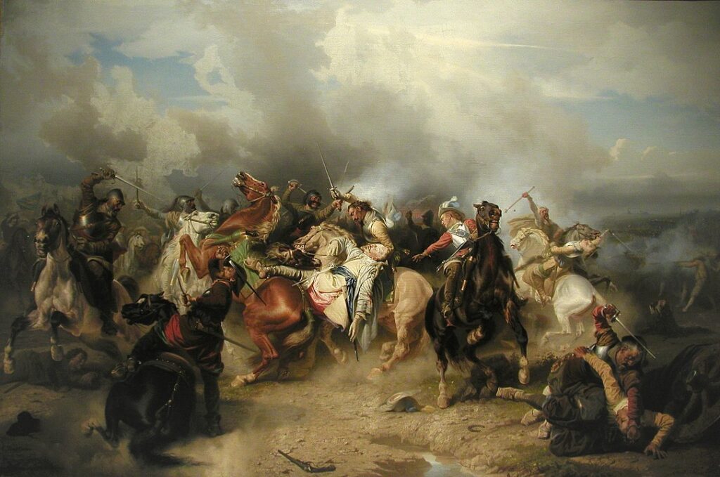 Muerte del rey Gustavo Adolfo en la batalla de Lützen. Según una teoría, los croatas mataron al rey con una espada de cuatro filos que era característica únicamente de la caballería ligera croata.