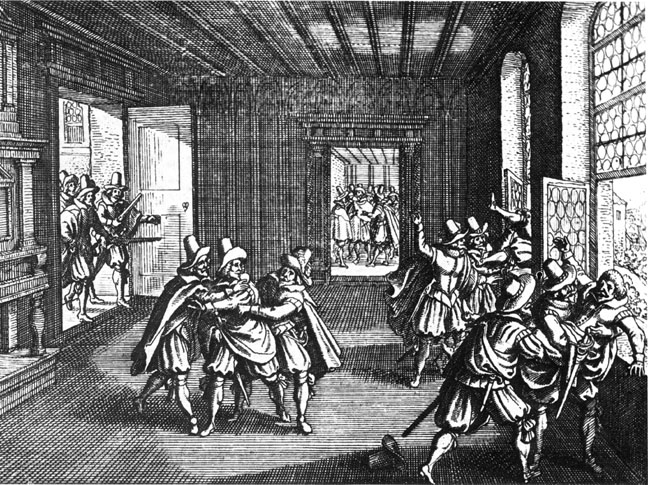 Grabado que representa la defenestración de Praga de 1618. Desde una ventana del castillo de la ciudad fueron arrojados los dignatarios católicos, dando comienzo a la Guerra de los treinta años.