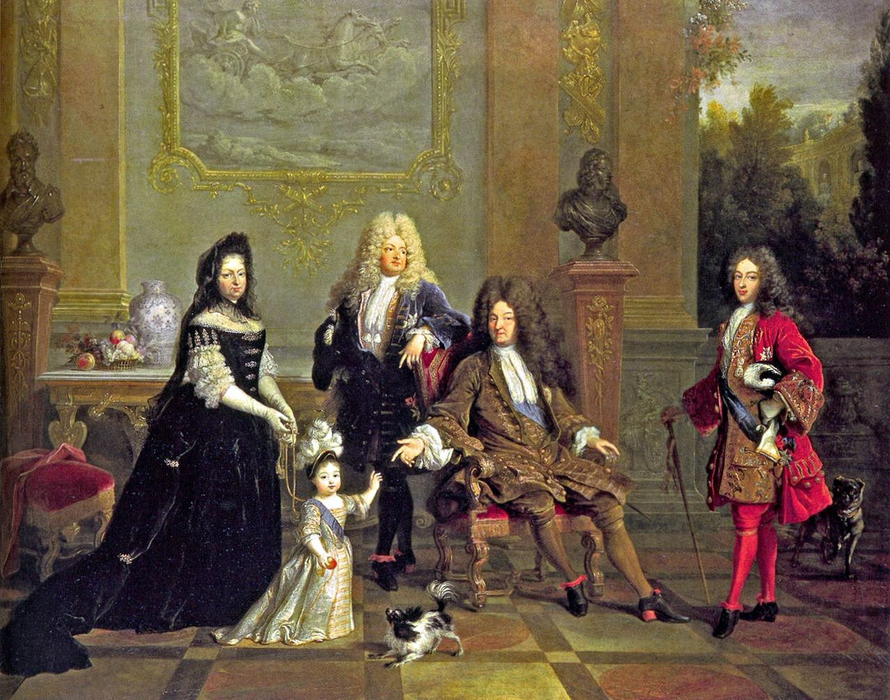 Luis XIV (sentado) con su hijo el Gran Delfín (izquierda), su nieto Luis, duque de Borgoña (derecha), su bisnieto Luis, duque de Anjou, y Madame de Ventadour, institutriz del duque de Anjou, que encargó este cuadro. Al fondo se ven bustos de Enrique IV y de Luis XIII (c. 1710).