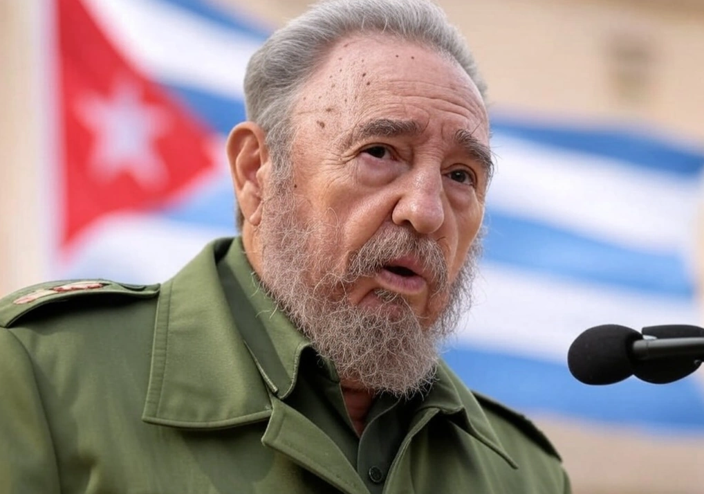 Una imagen icónica de Fidel Castro dando un discurso en La Habana, con la bandera cubana de fondo, simbolizando su liderazgo y su impacto en la historia de Cuba.