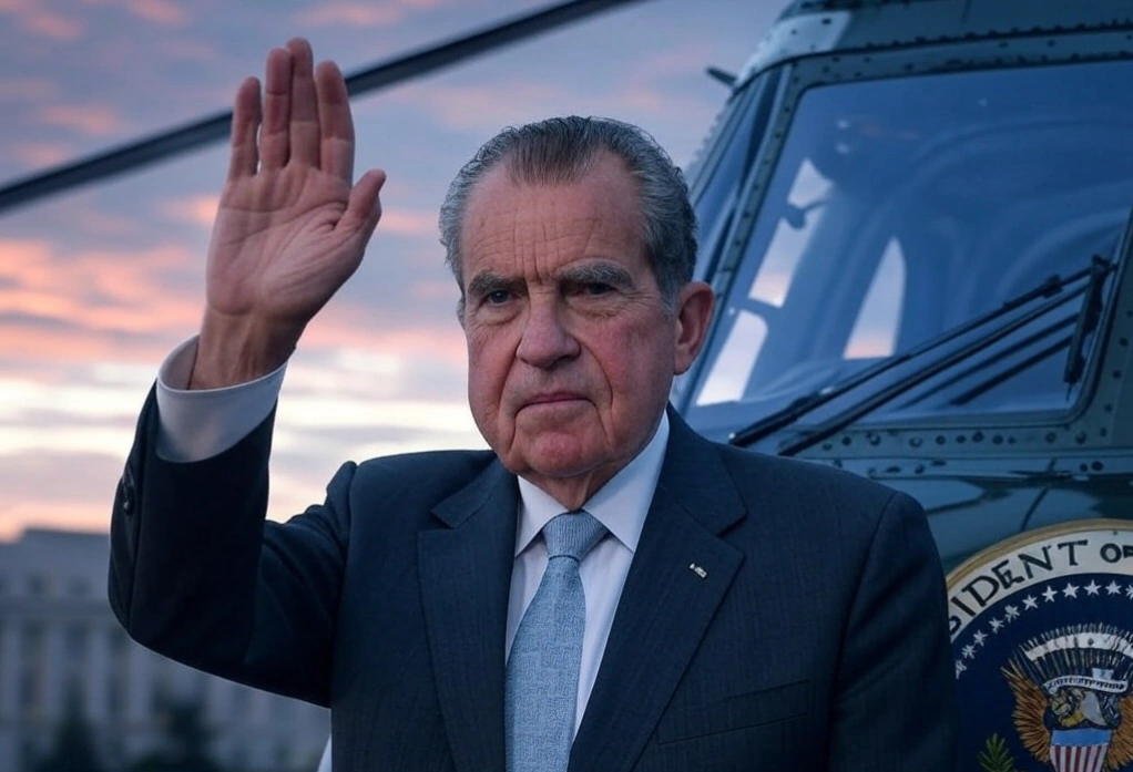 Una imagen icónica de Richard Nixon saludando desde el helicóptero presidencial después de su renuncia, simbolizando el fin de su presidencia y el impacto duradero del escándalo.