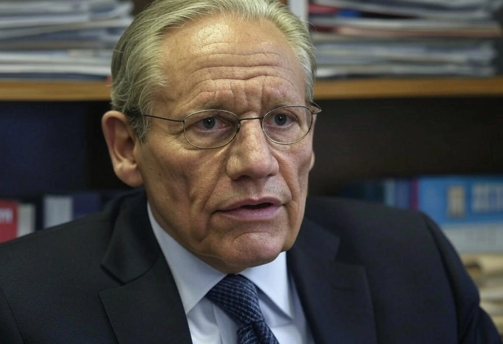 Una imagen de Bob Woodward en una conferencia o entrevista, con un fondo de libros y periódicos, simbolizando su trayectoria en el periodismo de investigación.