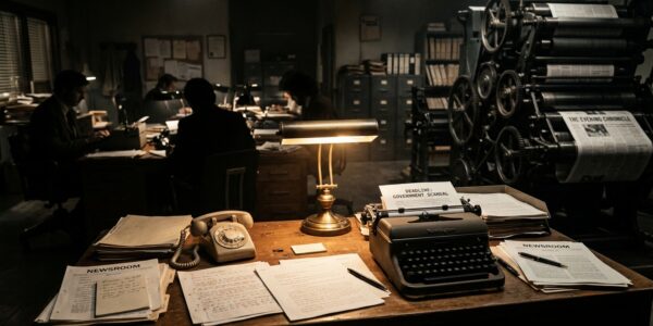 Redacción de periódicos años 70: escritorio con máquina de escribir, teléfono rotatorio y periodistas en sombras.