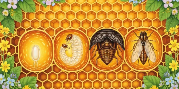 Ciclo de vida de la abeja: huevo, larva, pupa y adulto en celdas de panal.