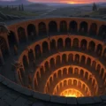 Dante y Virgilio contemplan el descenso a los nueve círculos del Infierno en arquitectura medieval.