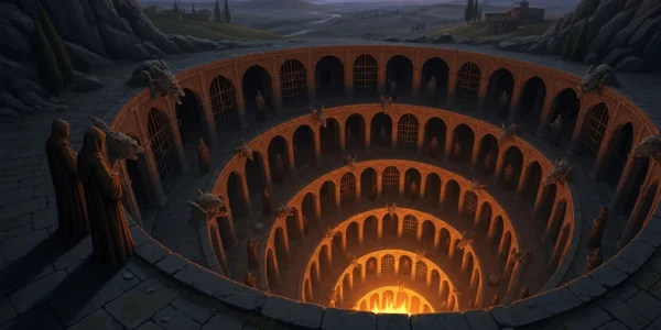 Dante y Virgilio contemplan el descenso a los nueve círculos del Infierno en arquitectura medieval.