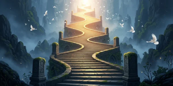 Escalera de piedra ascendente entre la niebla con palomas blancas, simbolizando la redención espiritual en el Purgatorio.
