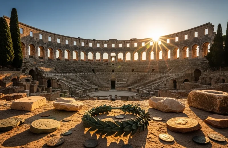 Ruinas de anfiteatro romano con artefactos arqueológicos, monedas y laurel de bronce bajo luz dorada mediterránea.