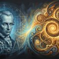 Kant y Hegel: busto clásico en azules fríos versus espirales doradas dinámicas, filosofía del ser versus devenir.