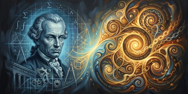Kant y Hegel: busto clásico en azules fríos versus espirales doradas dinámicas, filosofía del ser versus devenir.