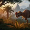 Majungatholus carnívoro acechando en paisaje prehistórico de Madagascar con vegetación Cretácica.