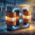 Transformador eléctrico con bobinas de cobre, núcleo de hierro y flujo de energía electromagnética azul.