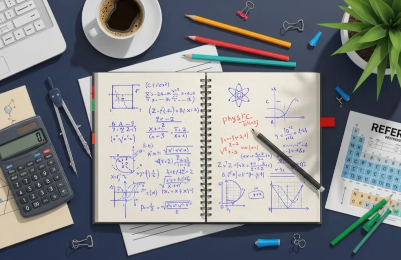 Escritorio de estudio STEM desde arriba: cuaderno con ecuaciones, calculadora, tabla periódica y café matutino.