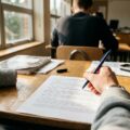 Estudiante concentrado en examen de selectividad con texto impreso y bolígrafo bajo luz natural.