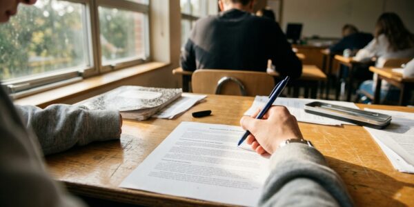 Estudiante concentrado en examen de selectividad con texto impreso y bolígrafo bajo luz natural.
