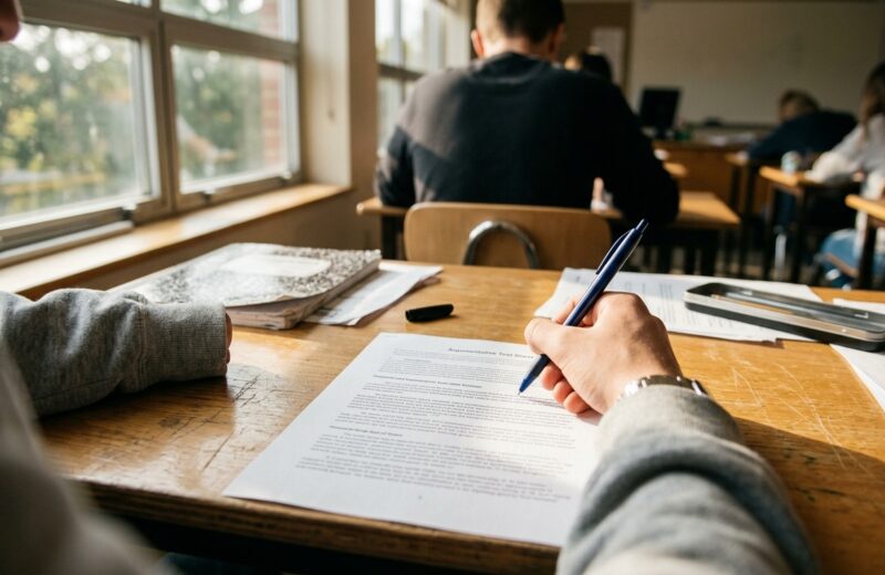 Estudiante concentrado en examen de selectividad con texto impreso y bolígrafo bajo luz natural.