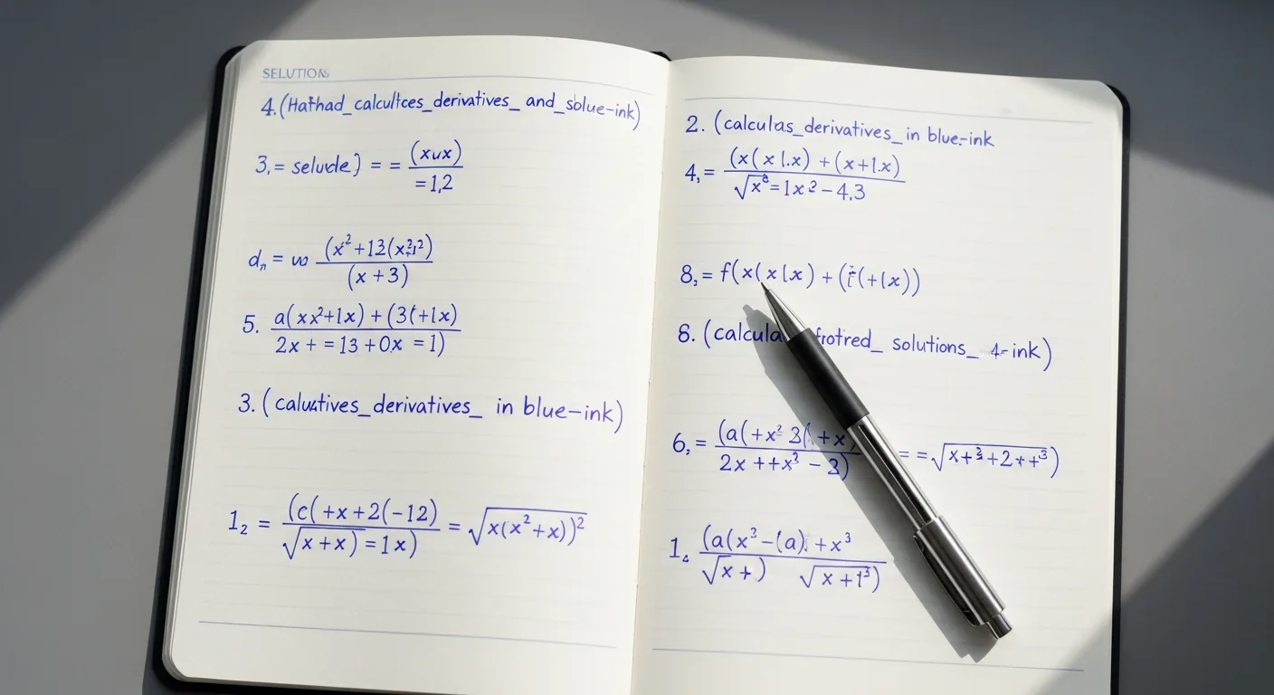 Cuaderno con ejercicio de derivadas resuelto a mano, bolígrafo y luz natural de estudio.