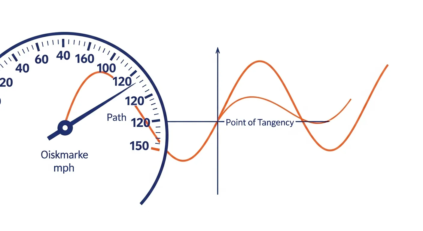 Velocímetro con curva matemática y recta tangente superpuesta, ilustración educativa en azul y naranja.