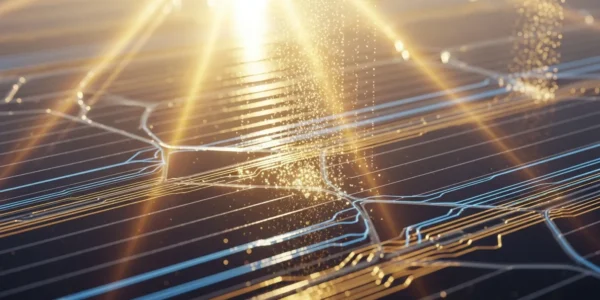 Panel solar con luz incidiendo, líneas de energía y partículas luminosas, estética científica moderna.