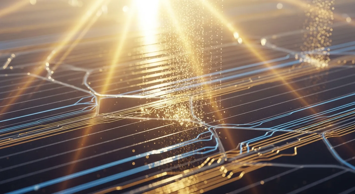 Panel solar con luz incidiendo, líneas de energía y partículas luminosas, estética científica moderna.