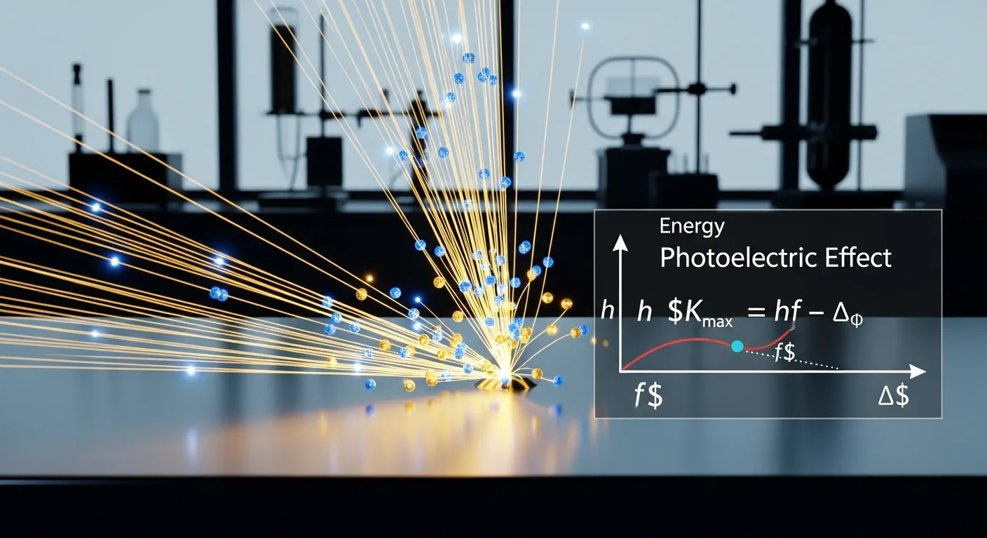 Ecuación fotoeléctrica de Einstein: h·f = Φ + Ec(máx) con variables explicadas.