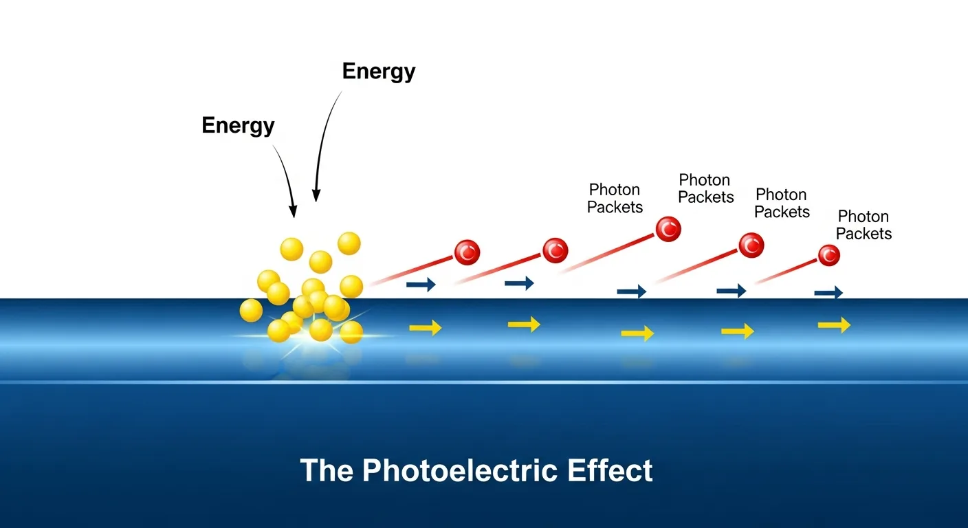 Fotones impactando metal liberan electrones con diferentes velocidades: diagrama del efecto fotoeléctrico.