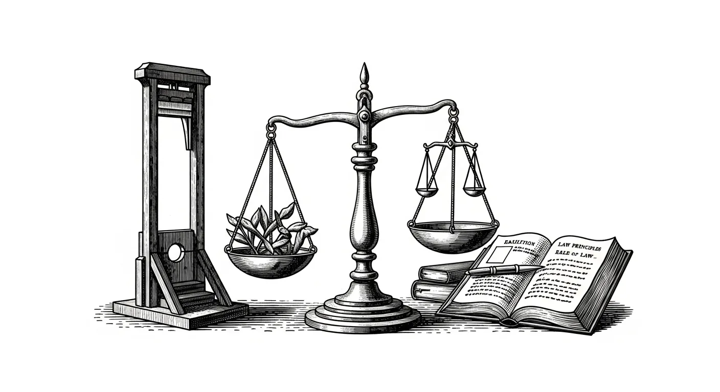 Balanza justicia: guillotina vs libro de leyes, estilo grabado Revolución Francesa, colores rojo y negro.