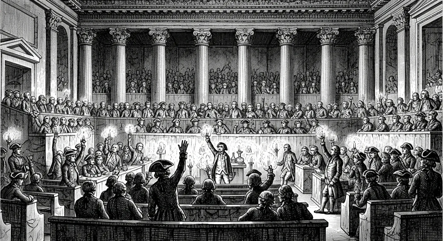 Asamblea francesa revolucionaria con diputados votando bajo luz de velas, siglo XVIII.