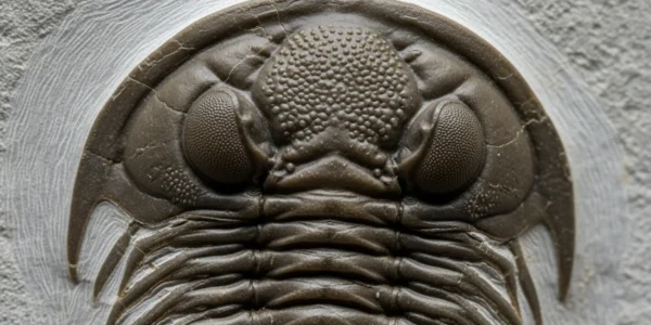 Fósil de trilobite segmentado en roca gris, detalle del exoesqueleto conservado perfectamente.
