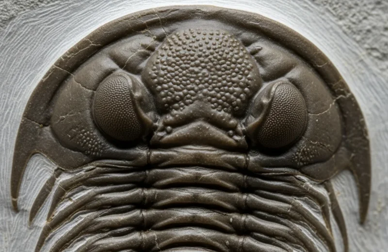 Fósil de trilobite segmentado en roca gris, detalle del exoesqueleto conservado perfectamente.