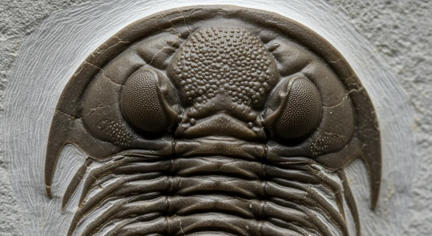 Fósil de trilobite segmentado en roca gris, detalle del exoesqueleto conservado perfectamente.