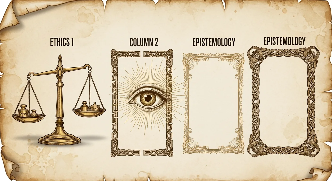 Infografía pergamino: balanza (ética), ojo (epistemología), árbol (ontología), engranajes (lógica) filosófica.