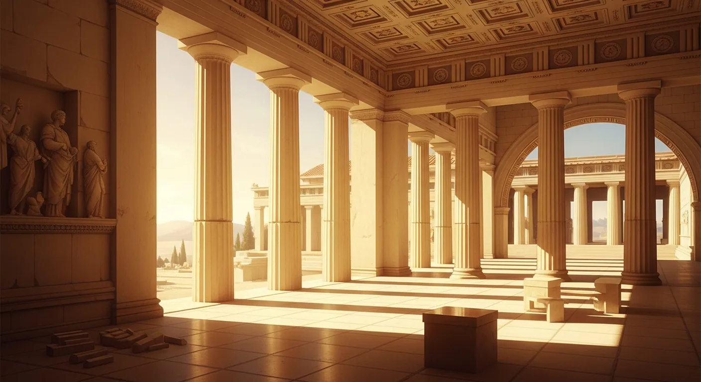 Academia de Atenas: filósofos togados debatiendo bajo columnas de mármol al atardecer.