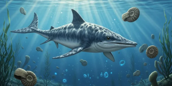 Reconstrucción de ictiosaurio nadando en océano jurásico, aplicaciones paleontología moderna.