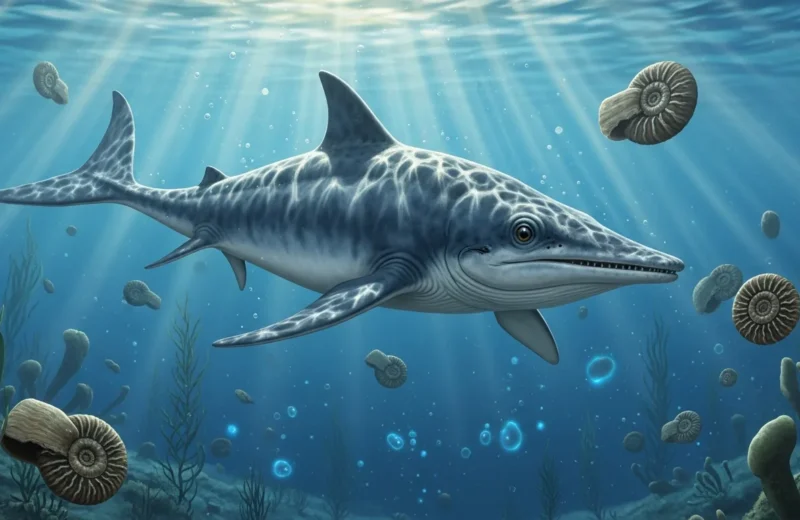 Reconstrucción de ictiosaurio nadando en océano jurásico, aplicaciones paleontología moderna.