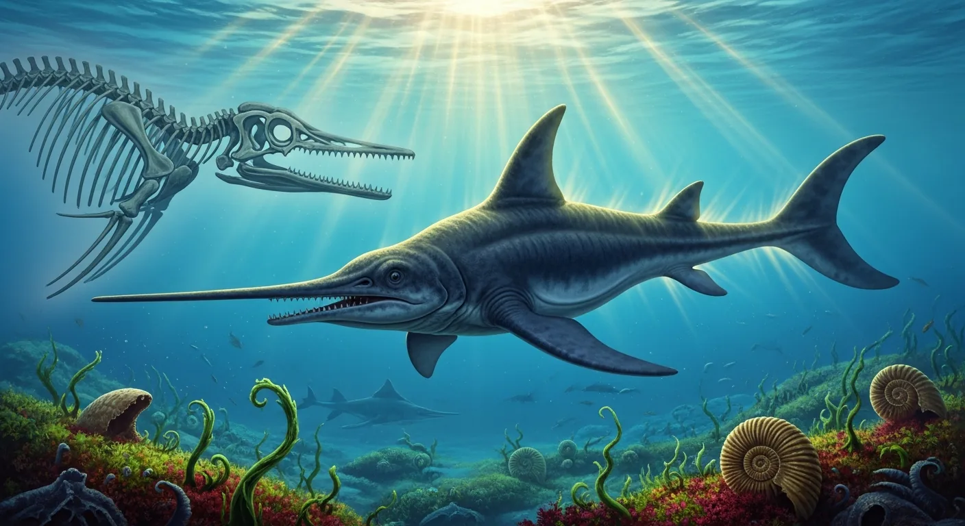 Reconstrucción de ictiosaurio nadando en océano jurásico, aplicación de paleontología moderna.