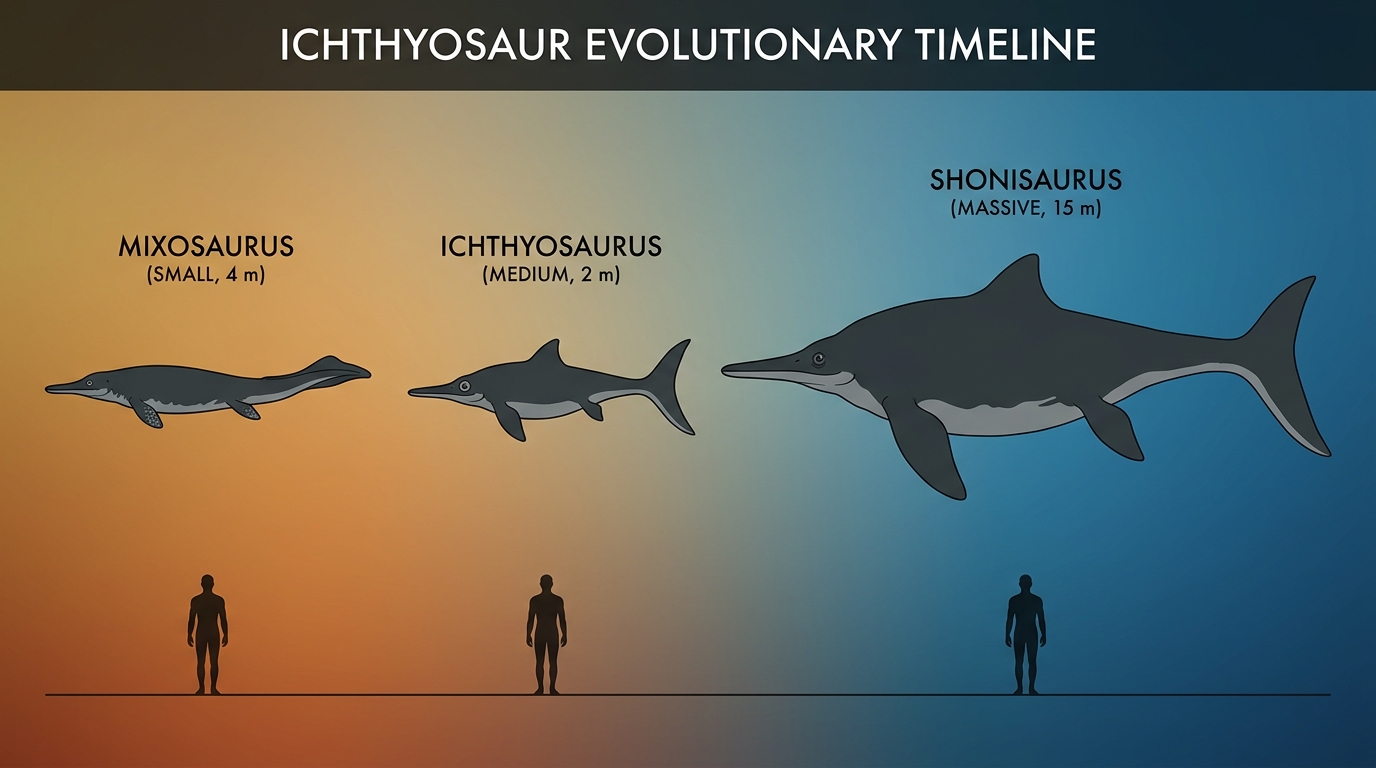 Evolución de ictiosaurios: Mixosaurus, Ichthyosaurus y Shonisaurus comparados con humano, Triásico-Jurásico.