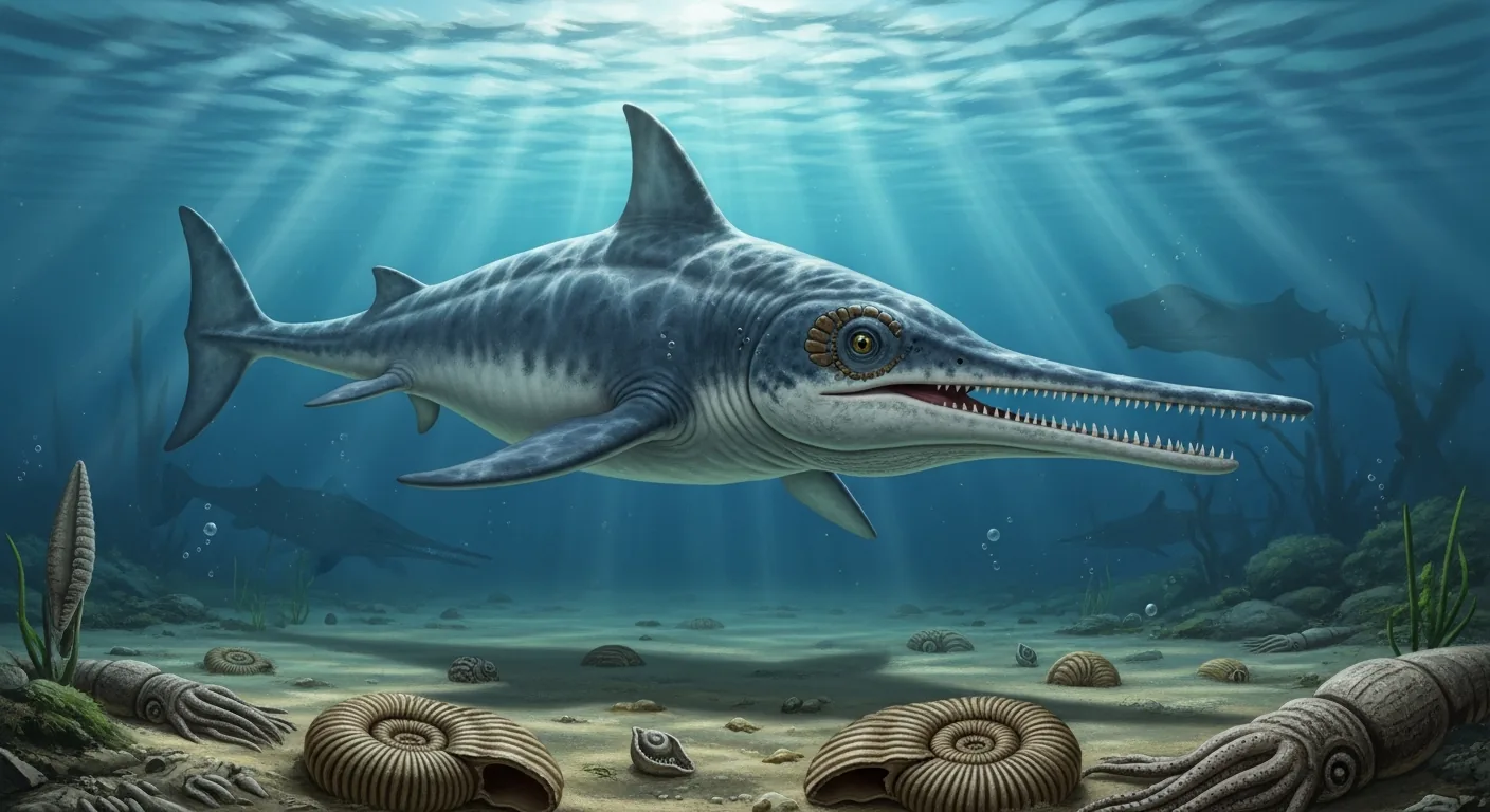 Ojo de ictiosaurio con anillo esclerótico óseo, adaptación para visión en aguas profundas.