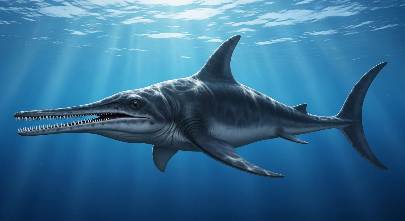 Ictiosaurio nadando en océano prehistórico, cuerpo hidrodinámico similar a delfín con hocico dentado y aleta caudal.