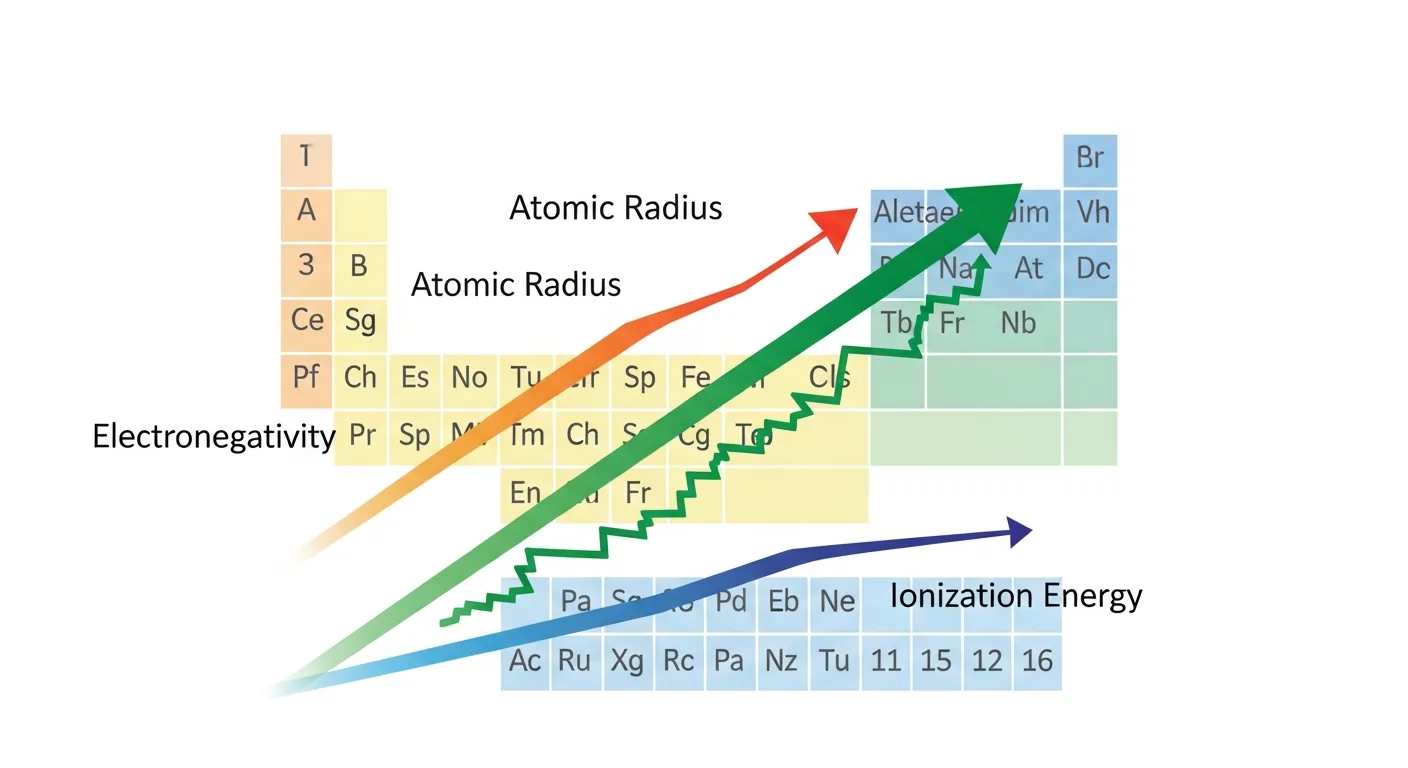 Tabla periódica con flechas de colores indicando tendencias periódicas: electronegatividad, radio atómico, energía ionización.