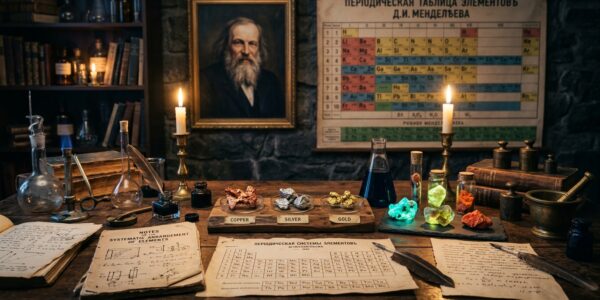 Mendeléyev organizando elementos químicos en la tabla periódica histórica