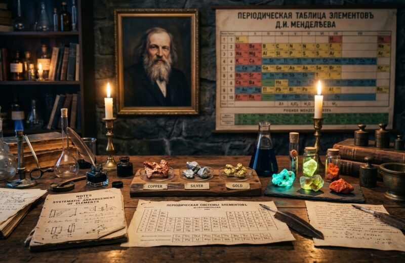 Mendeléyev organizando elementos químicos en la tabla periódica histórica